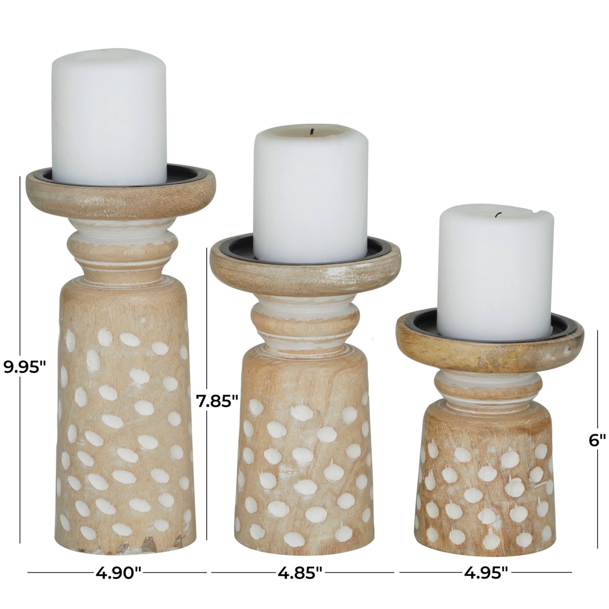 Light Brown Wood Carved Dotted Pillar Candle Holder Set